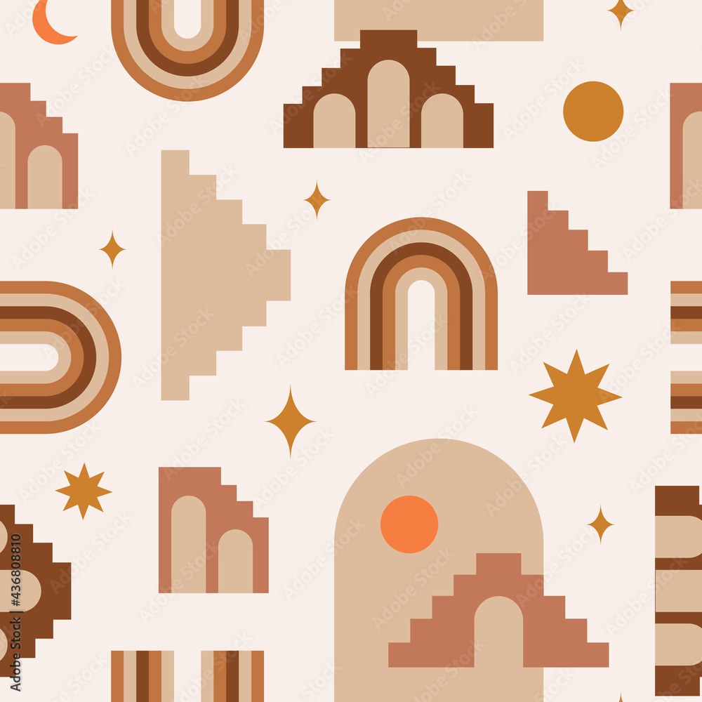 Poster modern abstract aesthetic seamless pattern with geometric architecture elements in boho style. mid c