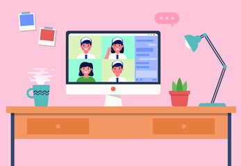 Hand drawn of online school video conference with indonesian junior high school students on monitor screen at desk with lamp and cup of drink vector design