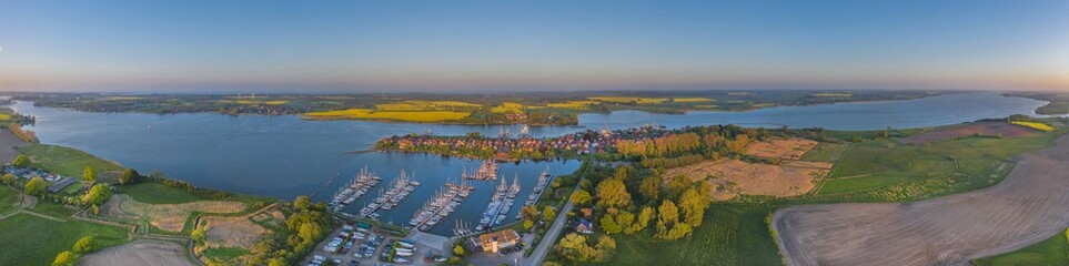 Panorama aerial view of  town Arnis on firth of  Schlei, Schleswig-Holsten, Germany. Aerial view of town Arnis  the smallest town in Germany. 