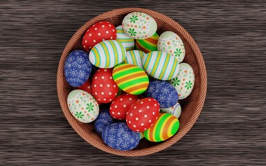 Realistic 3D Render of Easter Eggs in Basket