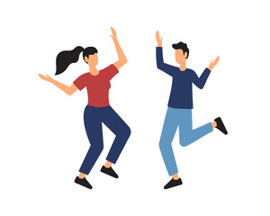 The concept of young people jumping on a white background. Stylish modern vector illustration with happy teenage boy and girl.
