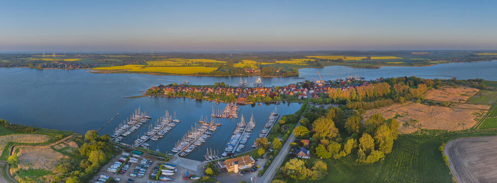 Panorama aerial view of  town Arnis on firth of  Schlei, Schleswig-Holsten, Germany. Aerial view of town Arnis  the smallest town in Germany. 