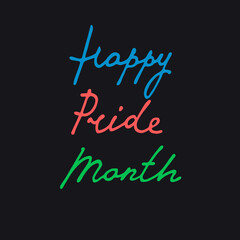 Happy Pride Month handwritten greeting. Hand-lettered rainbow-colored logo on dark blue background