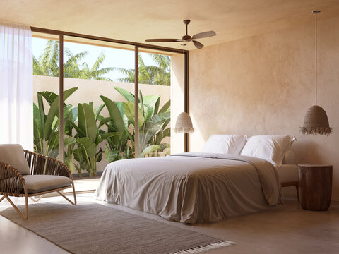 3d rendering of a beige atmospheric relaxed boheme Tulum style summer bedroom with textured plastering on the walls	 and exotic palm trees
