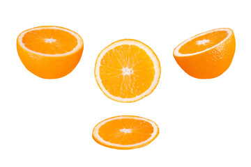 Five photos of half oranges and slices, isolated on white background