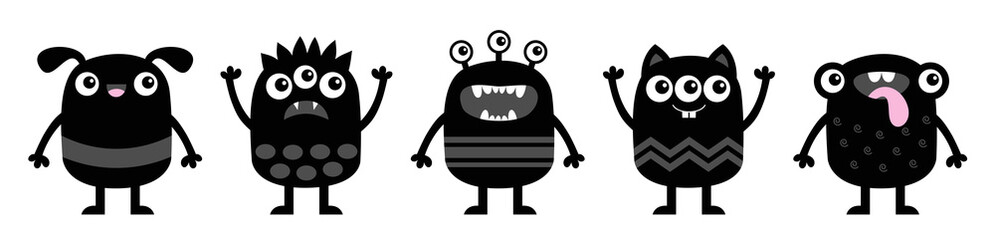 Monster icon set line banner. Happy Halloween. Kawaii cute cartoon baby character. Funny face head body black silhouette. Hands up, eyes fang teeth horn tongue. Flat design. White background.