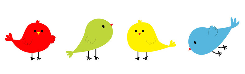 Bird set icon line. Cute cartoon kawaii character. Birds baby collection. Standing, flying, singing song chick animal. Sticker template. Decoration element. Flat design. White background.
