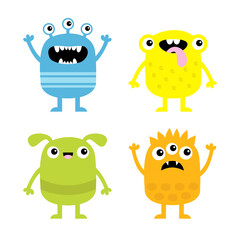 Happy Halloween. Monster icon set. Funny head face colorful silhouette. Cute kawaii cartoon baby character. Hands up, down. Eyes teeth fang horn tongue. Flat design. White background.