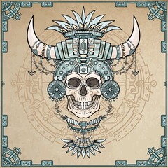 The shaman's mummy, human skull in magic clothes with animal horns. Boho design, Indian motives.  Background - imitation of old paper, a decorative frame. Vector illustration.