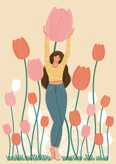 Spring season card on beige background.Happy woman with tulip cute vector illustration in flat style for card,poster,flyer.Flower decoration.Hello summer template.Gardener female.Women's day