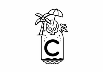Black line art illustration of skull beach with C initial letter