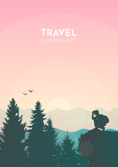 A guy squats on top of a mountain and looks through binoculars. Flat illustration. Travel concept of discovering, exploring and observing nature. Hiking. Adventure tourism. Polygonal realistic design.