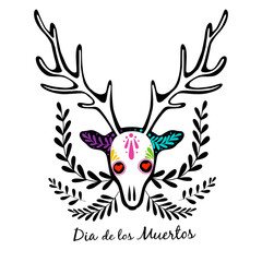 Vector colorful postcard. Dia de los Muertos design, Day of the dead or Halloween concept. Deer horned head skull, with text and leaves, isolated on white background