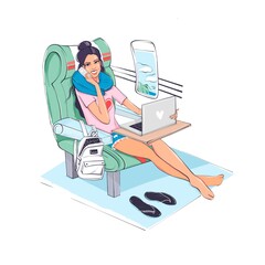 Travel, technology and freelance. Woman work on a laptop while sitting on an airplane. A modern fashion young businesswoman remote working and traveling. Pillow for sleeping on the plane.