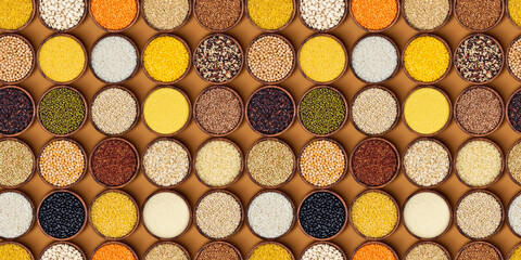 Cereals, grains and flakes in wooden bowls. Seamless pattern. Top view