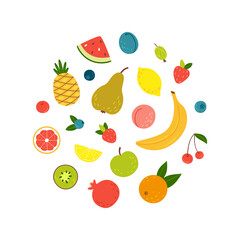 Set of ripe and juicy summer fruits and berries - pineapple, orange, bananas, kiwi, pomegranate, pear, apple, lemon, strawberry, blueberry, cherry. Hand-drawn cartoon style cute abstract food