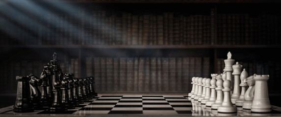 Chess pieces on a chessboard against the background of an old cabinet. The beginning of a chess game. Chess as a symbol of leadership, struggle, victory, strategy, business. Retro style. - obrazy, fototapety, plakaty