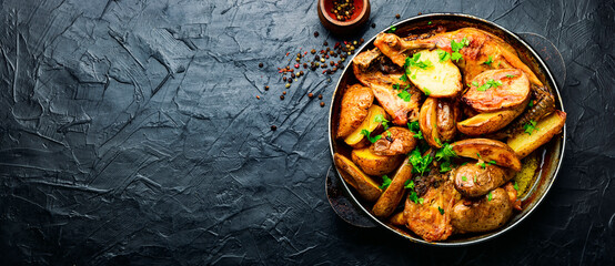 Chicken baked with potatoes in a pan