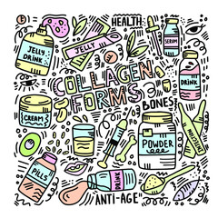 Set of different collagen types. Drink, jelly, powder, cream, injection, etc.   Inner and outer beauty. Trendy beauty supplement and ingredient for the skin.