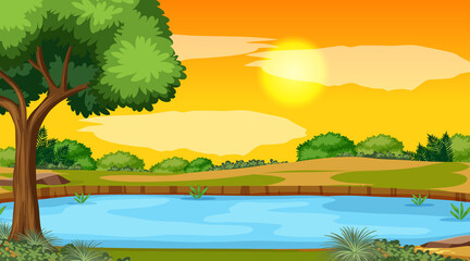 Landscape scene of forest with river and the sun going down