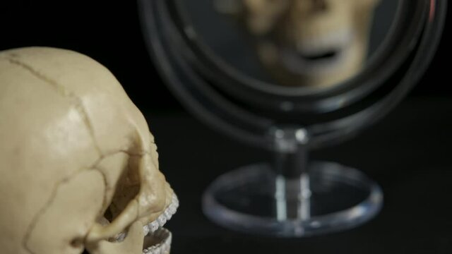 Skull by mirror. A pretty ungly skull look into a mirror on the black background.