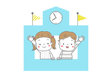 校舎の窓から手をふる男の子と女の子　カラー