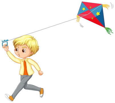 Cute Boy Playing Kite Cartoon Character Isolated