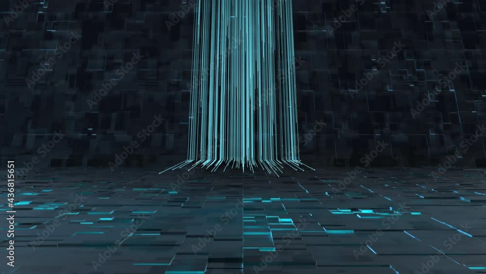 Poster glowing lines and cubes with black background, 3d rendering.