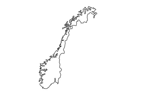 Norway map animation line. Black line drawing on a white background.