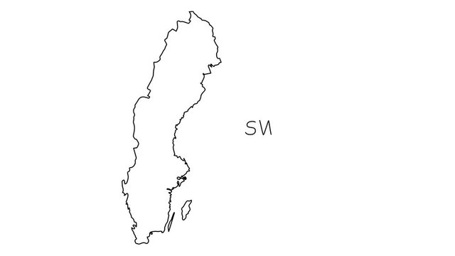 Sweden map animation line. Black line drawing on a white background.