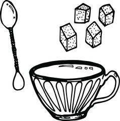 Obraz na płótnie Canvas Vector hand drawn doodles tea cup, mug, vector tea objects, sugar