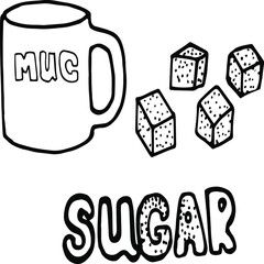 Vector hand drawn doodles tea cup, mug, vector tea objects, sugar