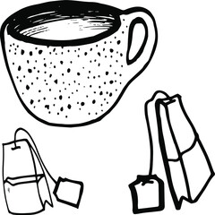 Vector hand drawn doodles tea cup, mug, vector tea objects, tea bags