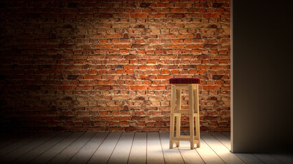 empty stand up stage room background, bar stool, brick wall, wooden floor in reflector spotlight,...