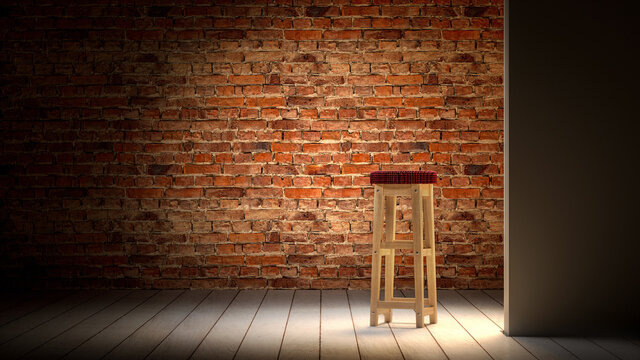 empty stand up stage room background, bar stool, brick wall, wooden floor in reflector spotlight, poster mockup 3d render