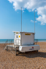 Lifeguard tower on a stoney beach