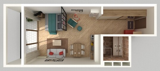 Compact apartment interior top view 3D render