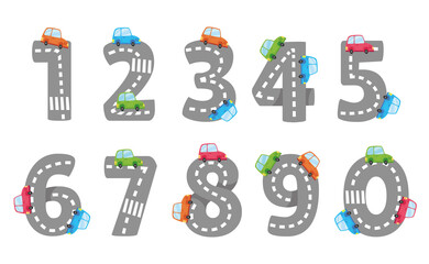 Cartoon Numbers from 1 to 9 on a white background - vector illustration. Children s road and colored cars in the form of numbers. Figures for photos of newborns every month. Birthday Boy Print