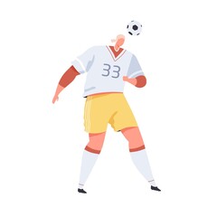 Professional soccer player hitting ball with head. Man in uniform playing European football. Footballer during game or training. Flat vector illustration of sportsman isolated on white background