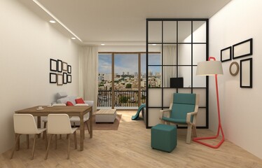 Interior design of a compact apartment 3D render