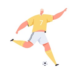 Obraz premium Professional soccer player running and kicking ball. Sportsman playing European football. Male footballer in uniform training. Colored flat vector illustration isolated on white background