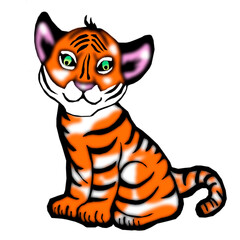 Fototapeta na wymiar A drawing of an orange sitting tiger with greenish eyes isolated on a white background. The symbol of 2022, the concept of a cute wild animal.