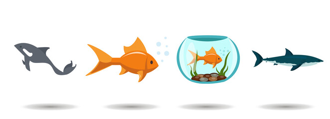 Sea fish vector clip art set with shark, killer whale, aquarium fish. Sea fish vector clip art set with shark, killer whale, aquarium fish. 