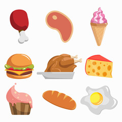 Food vector clip art set. meat, hamburger, fried egg, cheese, ice cream, fried chicken, cupcake. Food vector clip art set. meat, hamburger, fried egg, cheese, ice cream, fried chicken, cupcake.