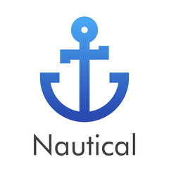Logotipo con texto Nautical y ancla de barco con lineas en color azul