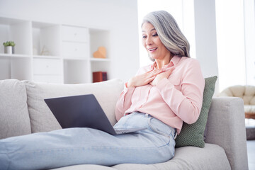 Fototapeta premium Profile side photo of happy positive amazed old lady lie couch look laptop talk webcam indoors inside house home