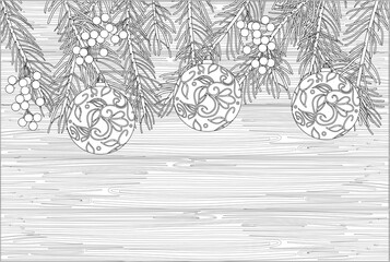Doodle fantasy Christmas tree branch coloring page for adults. Fantastic artwork. Hand drawn simple illustration.