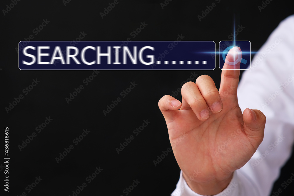 Poster ิbusinessman hand searching browsing internet data information virtual screening concept, man hand u