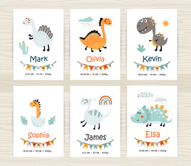 Fototapeta na wymiar Baby shower invitation templates with cute dinosaurs for girl and boy.