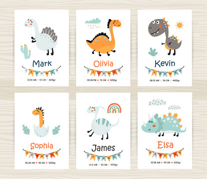 Baby shower invitation templates with cute dinosaurs for girl and boy.